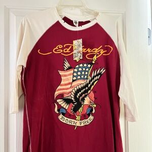 Vintage Ed Hardy Maroon and Yellow Graphic Tee